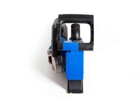 Powerful electric wall chaser for recessing in walls with two diamond blades for reinforced concrete. White background, isolate. Installer's power tool, close-up photo