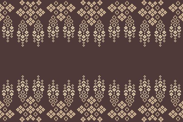 Ethnic pattern pixel art cross stitch brown color background fabric pattern and decoration design.