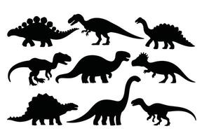 set of isolated dinosaur silhouettes. Includes various prehistoric species in a simple black design. Perfect for educational materials, themed decorations, and creative projects. vector
