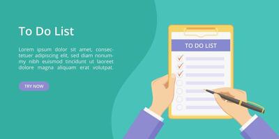 Todo list on clipboard with hands landing page concept. Website page concept, checklist with task to do. Online todo list service green landing template illustration with hand and clipboard vector