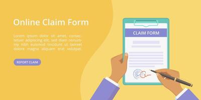 Hands with clipboard claim form web page template. landing concept flat man hand holding document on board with paper clip. Yellow web illustration template with hand, clipboard and claim form vector