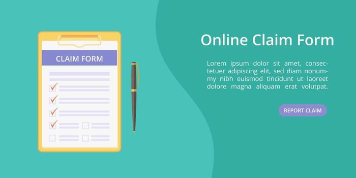 Claim form on clipboard with pen landing page concept. Website page template, check list on board with clip. Online claim form service landing concept green illustration with pen and clipboard vector