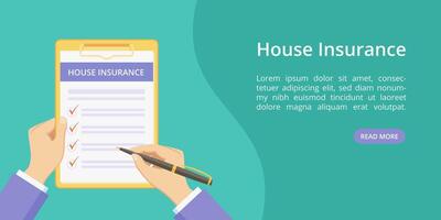House insurance policy on clipboard with hands landing page concept. Online service for property insurance quotes green web page, flat man hands, filing house policy form on clipboard with check list vector