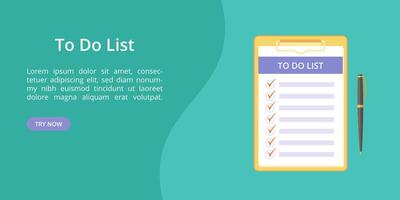 Todo list on clipboard with pen web template. landing page concept, note and task to do on board with paper clip. Web template illustration, pen and clipboard with todo list on green background vector