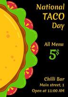illustration for national taco day celebration on October 4th. Traditional mexican fast food, flat taco with salad, tomato and beef or chicken meat on black background for restaurant party vector