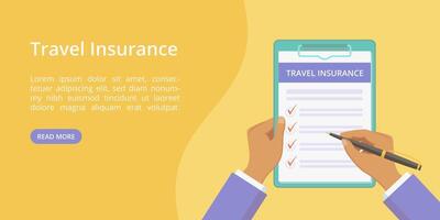 Travel insurance policy on clipboard with hands landing page concept. Online service for trip insurance quotes yellow web page with flat man hands, filing travel policy check list form on clipboard vector