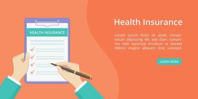 Health insurance policy on clipboard with hands landing page concept. Online service for medical insurance quotes red web page with flat doctor hands, filing health policy checklist form on clipboard vector