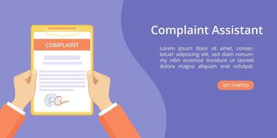 Hands with clipboard complaint assistant landing page template. Online assistant service landing concept, flat man hands holding sealed complaint document on clipboard. violet illustration vector