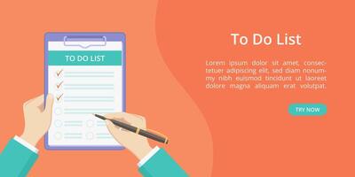Hands with clipboard todo list landing page template. concept flat man hands holding task to do on board with paper clip. Landing red illustration template with hand, clipboard and todo list vector