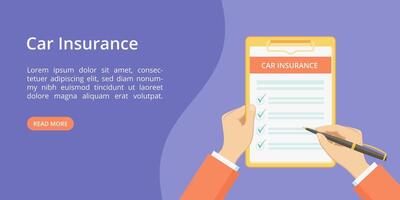 Car insurance policy on clipboard with hands landing page concept. Online service for auto insurance quotes violet web page with flat man hands, filing car policy checklist form on clipboard vector