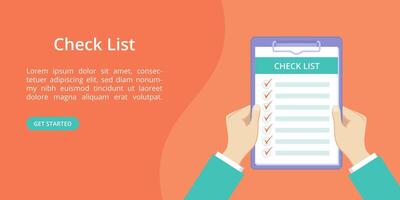 Hands with clipboard check list landing page template. Online checklist service landing concept flat man hands holding check list on clipboard. illustration yellow web page template vector