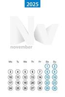 Calendar for November 2025, blue circle design. English language, week starts on Monday. vector