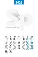 Calendar for September 2025, blue circle design. English language, week starts on Monday. vector
