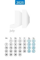 Calendar for July 2025, blue circle design. English language, week starts on Monday. vector
