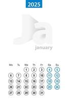 Calendar for January 2025, blue circle design. English language, week starts on Monday. vector