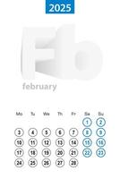 Calendar for February 2025, blue circle design. English language, week starts on Monday. vector