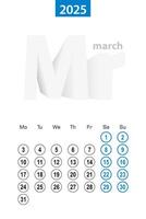 Calendar for March 2025, blue circle design. English language, week starts on Monday. vector