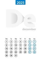 Calendar for December 2025, blue circle design. English language, week starts on Monday. vector