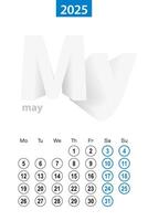 Calendar for May 2025, blue circle design. English language, week starts on Monday. vector