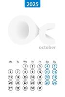 Calendar for October 2025, blue circle design. English language, week starts on Monday. vector