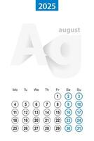 Calendar for August 2025, blue circle design. English language, week starts on Monday. vector