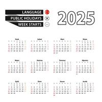 2025 calendar in Turkish language, week starts from Sunday. vector