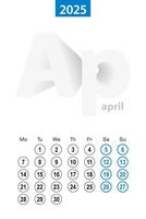 Calendar for April 2025, blue circle design. English language, week starts on Monday. vector