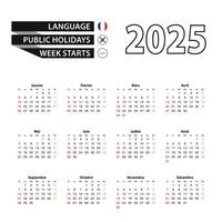 2025 calendar in French language, week starts from Sunday. vector