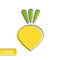Flat design vegetable education card. illustration with solid yellow isolated turnip or rutabaga, black outline and label on white background for kid game, memory test or eco market sign. vector