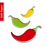 Flat design vegetable education card. illustration with solid green, red and yellow isolated chilli peppers, black outline and stylish label for organic market logo, fresh product or kid game vector
