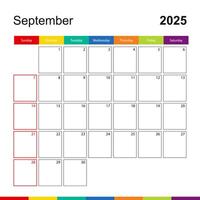 September 2025 colorful wall calendar, week starts on Sunday. vector