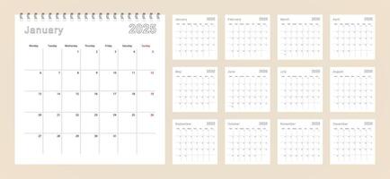 Simple wall calendar 2025 year with dotted lines. The calendar is in English, week start from Monday. vector