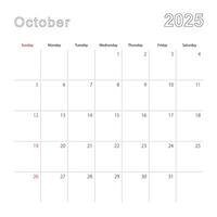 Simple wall calendar for October 2025 with dotted lines. The calendar is in English, week start from Sunday. vector