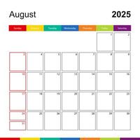 August 2025 colorful wall calendar, week starts on Sunday. vector