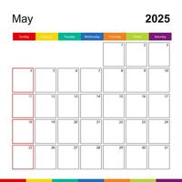May 2025 colorful wall calendar, week starts on Sunday. vector