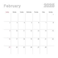 Simple wall calendar for February 2025 with dotted lines. The calendar is in English, week start from Sunday. vector