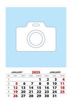 January 2025 calendar planner A3 size with place for your photo. vector