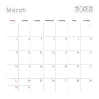 Simple wall calendar for March 2025 with dotted lines. The calendar is in English, week start from Sunday. vector