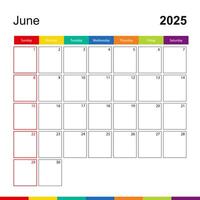 June 2025 colorful wall calendar, week starts on Sunday. vector