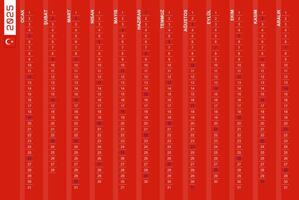 One-row vertical calendar for the year 2025 in Turkish. Turkish calendar for 2025 with highlighted Sundays. vector