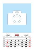 August 2025 calendar planner A3 size with place for your photo. vector