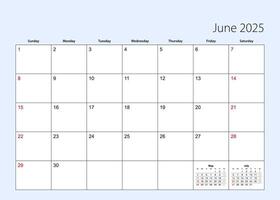 Wall calendar planner for June 2025. English language, week starts from Sunday. vector