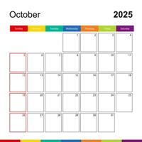October 2025 colorful wall calendar, week starts on Sunday. vector