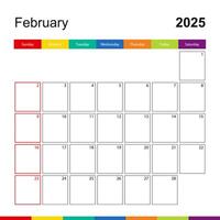 February 2025 colorful wall calendar, week starts on Sunday. vector