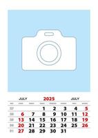 July 2025 calendar planner A3 size with place for your photo. vector