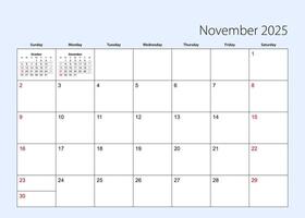 Wall calendar planner for November 2025. English language, week starts from Sunday. vector