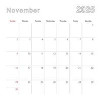 Simple wall calendar for November 2025 with dotted lines. The calendar is in English, week start from Sunday. vector