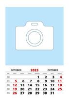October 2025 calendar planner A3 size with place for your photo. vector