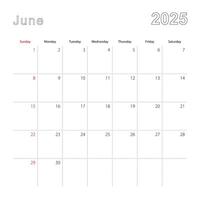 Simple wall calendar for June 2025 with dotted lines. The calendar is in English, week start from Sunday. vector