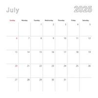 Simple wall calendar for July 2025 with dotted lines. The calendar is in English, week start from Sunday. vector